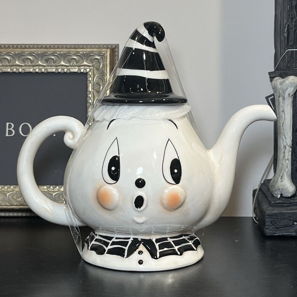 Johanna Parker Halloween Ghost Ceramic Teapot Striped Witch Hat Lid Spiderweb